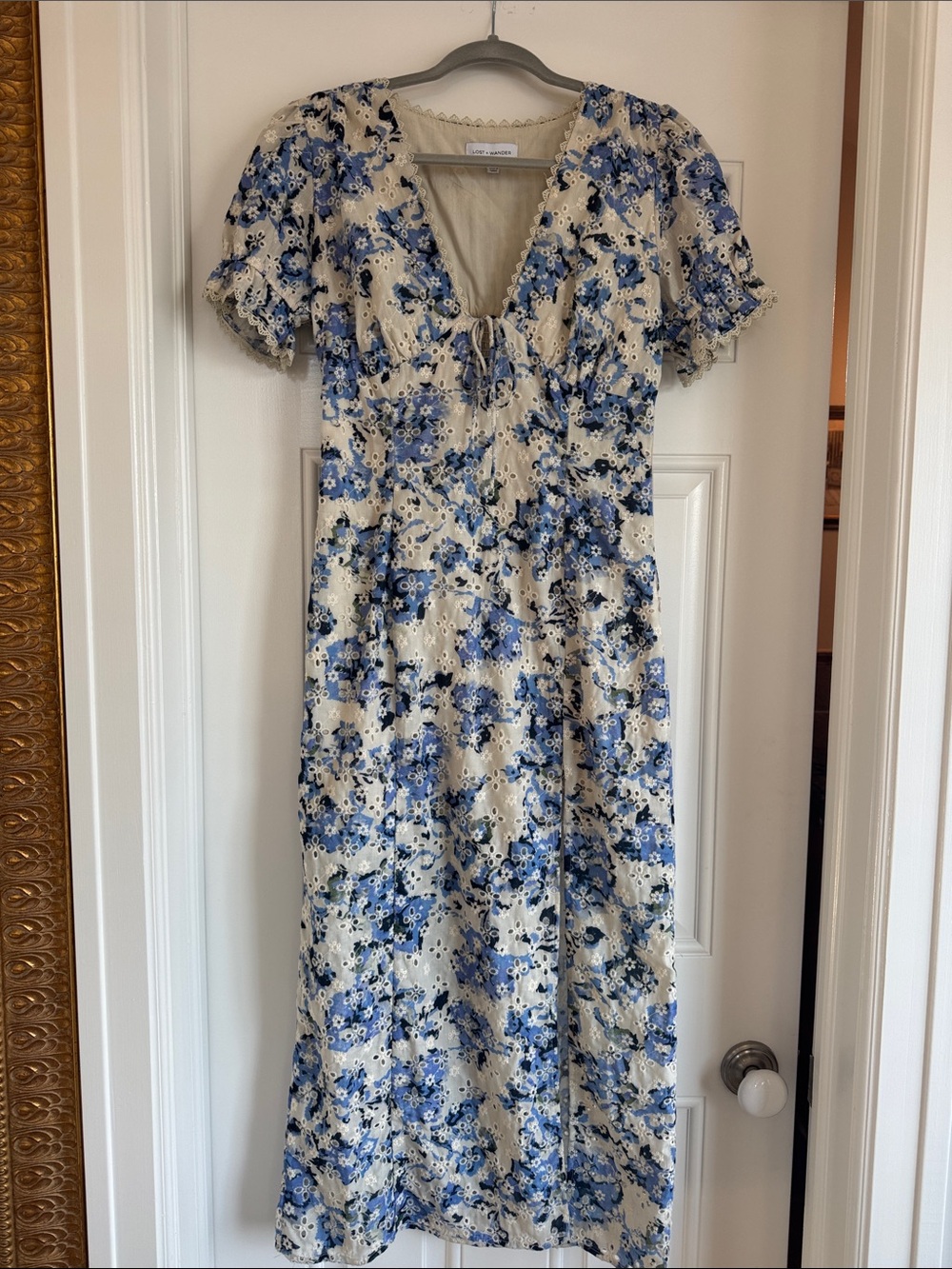 Lost + Wander Cream Midi Dress with Blue Floral Eyelet